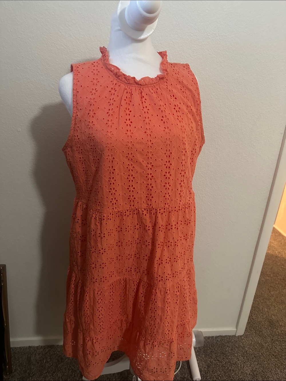 LOFT Coral Eyelet Ruffle-Neck Tiered Dress